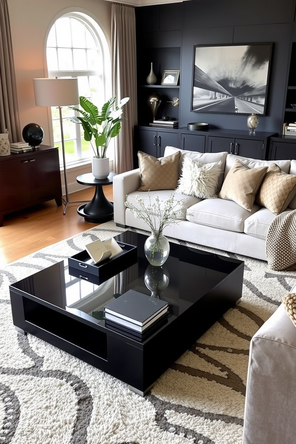 A stylish family room featuring black accent chairs adorned with bold patterns that add a pop of personality to the space. The walls are painted in a warm neutral tone, complementing the rich textures of the furniture and decor. In the center of the room, a large area rug anchors the seating arrangement, while a sleek coffee table sits in front of the chairs. A gallery wall filled with vibrant artwork enhances the overall aesthetic, creating an inviting atmosphere for family gatherings.