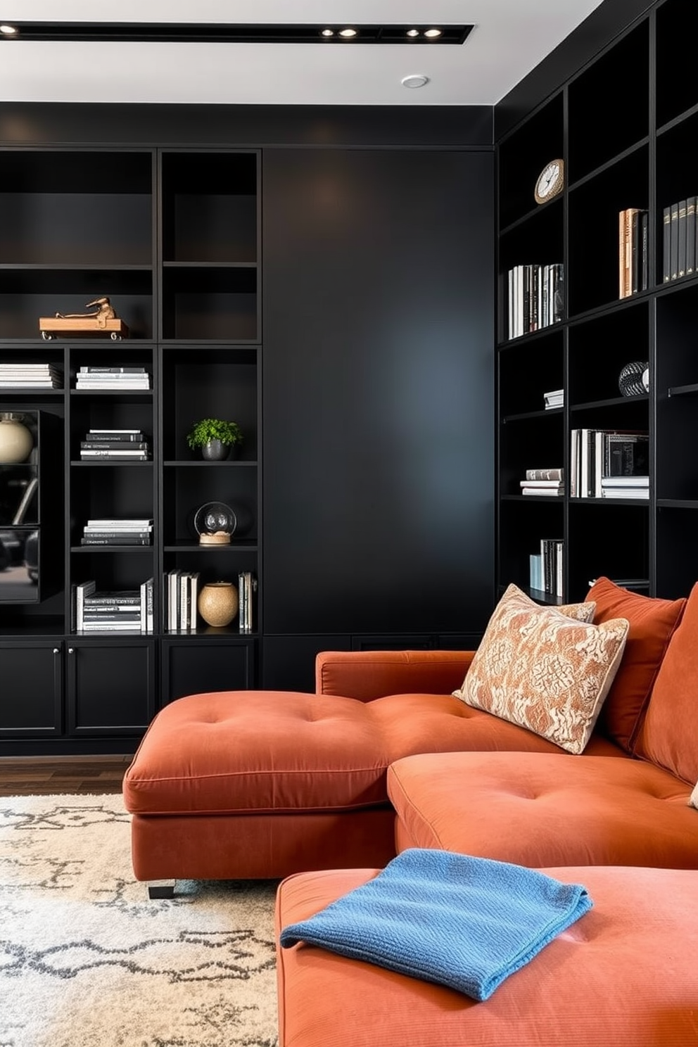 A modern family room featuring geometric black and white patterns throughout the space. The walls are adorned with bold graphic wallpaper while the furniture includes a sleek black sectional sofa paired with white accent chairs. A large area rug showcases an intricate black and white geometric design that anchors the room. Minimalist decor elements such as a coffee table with clean lines and abstract art pieces complete the sophisticated aesthetic.