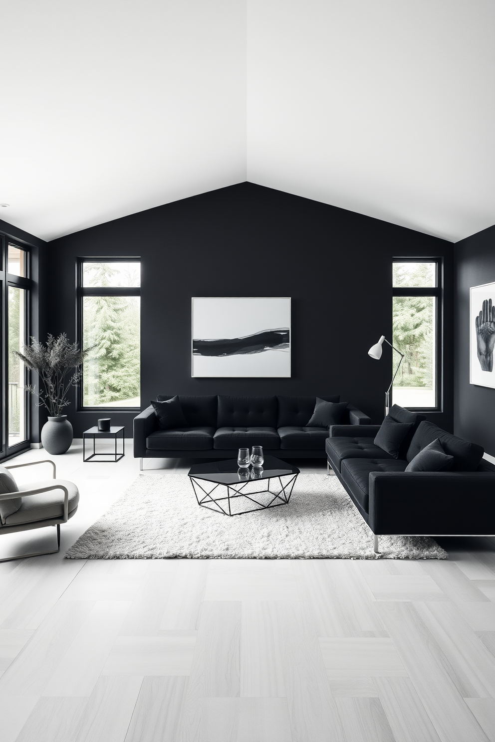 A stylish family room featuring a black leather sectional sofa adorned with brass accent pillows. The walls are painted in a soft gray, and a large black coffee table sits in the center, complemented by a brass floor lamp in the corner. On one side, a sleek black media console holds a flat-screen TV with decorative brass elements. A plush area rug in muted tones anchors the space, while framed artwork with black and brass frames adorns the walls.