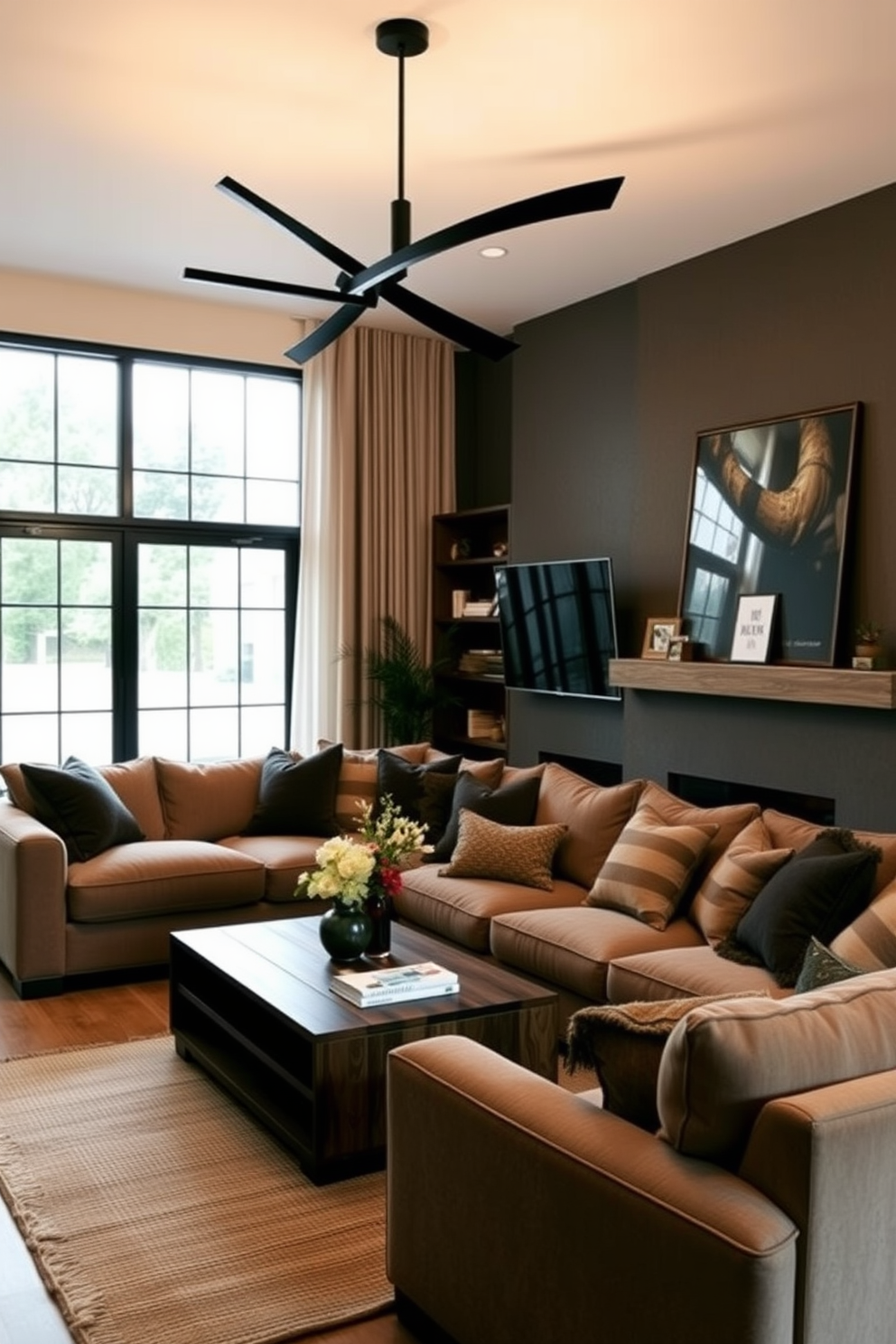 A cozy family room featuring layered lighting with sleek black fixtures. The space is designed with a mix of warm textures, including a plush sectional sofa and a wooden coffee table, creating an inviting atmosphere.