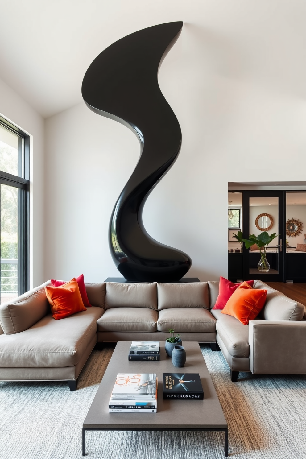 Artistic black sculptures serve as striking centerpieces in a modern family room. The space features a cozy sectional sofa in neutral tones, complemented by vibrant throw pillows that add a pop of color. Large windows allow natural light to flood the room, highlighting the sleek lines of the sculptures. A minimalist coffee table sits in front of the sofa, adorned with art books and a small potted plant for a touch of greenery.