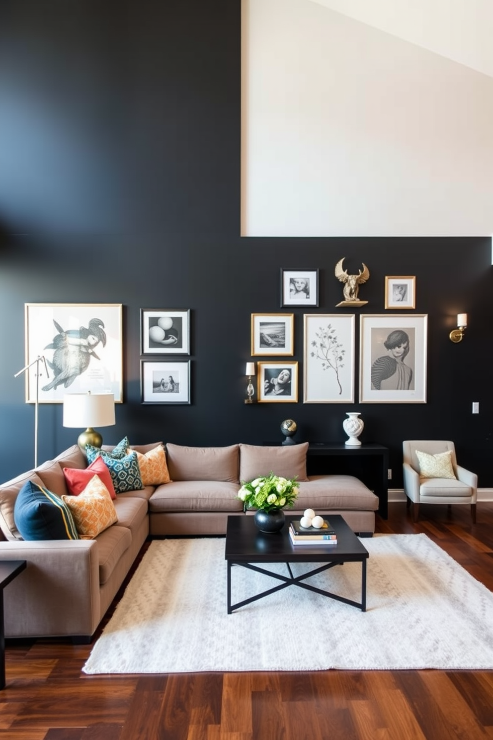 A cozy family room featuring layered black and white rugs that add depth and texture to the space. The furniture arrangement includes a plush sectional sofa with contrasting throw pillows and a sleek coffee table at the center. Natural light floods the room through large windows adorned with sheer white curtains. A stylish media console against the wall complements the overall aesthetic while providing ample storage for entertainment essentials.