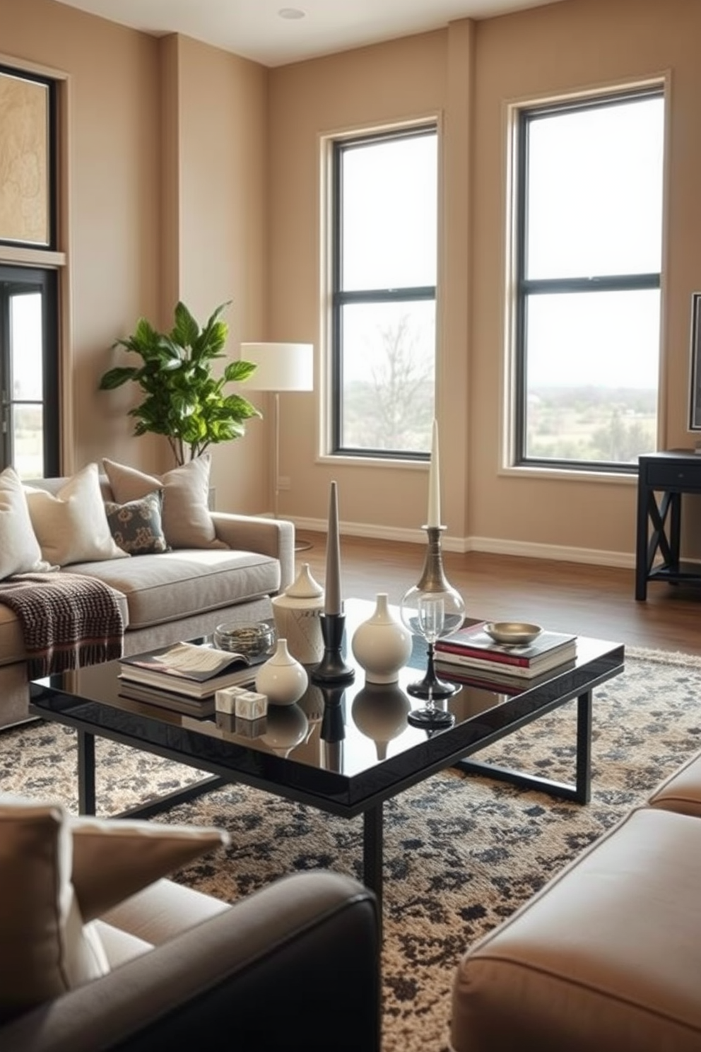 An elegant black coffee table centerpiece features a sleek glass surface adorned with a collection of carefully curated decorative items. Surrounding the table, the family room is designed with plush seating in neutral tones, complemented by soft throw pillows and a cozy area rug. The walls are painted in a warm beige shade, creating a welcoming atmosphere. Large windows allow natural light to flood the space, enhancing the modern yet inviting feel of the black family room design.