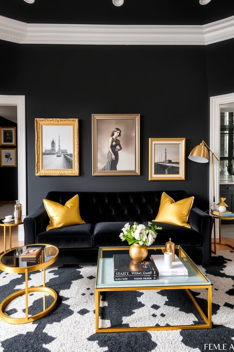 A chic black family room filled with elegant decor accents. The walls are painted in a deep matte black, creating a dramatic backdrop for gold-framed artwork that adorns the space. A plush black velvet sofa is centered in the room, complemented by gold accent pillows. A sleek coffee table with a gold base and a glass top sits in front of the sofa, while a stylish gold floor lamp provides warm lighting in the corner.