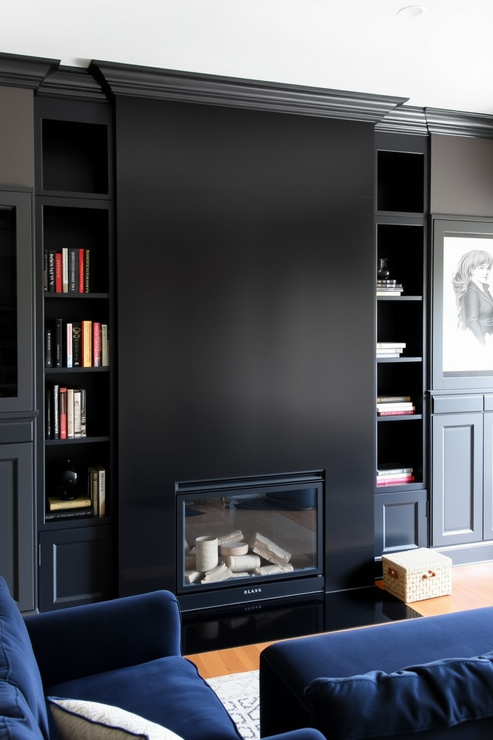 A modern black fireplace is the focal point of the family room, surrounded by custom built-in shelves that display books and decorative items. The walls are painted in a soft gray hue, creating a cozy atmosphere complemented by plush seating in deep navy blue.