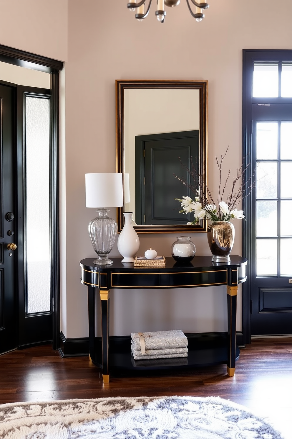 An elegant black console table with gold accents stands against the wall, showcasing a beautiful arrangement of decorative items. The table is complemented by a stylish mirror above it, reflecting the light and enhancing the foyer's ambiance. The foyer features a sophisticated color palette with soft lighting that highlights the rich textures of the decor. A plush area rug lies beneath the console table, adding warmth and inviting guests into the space.