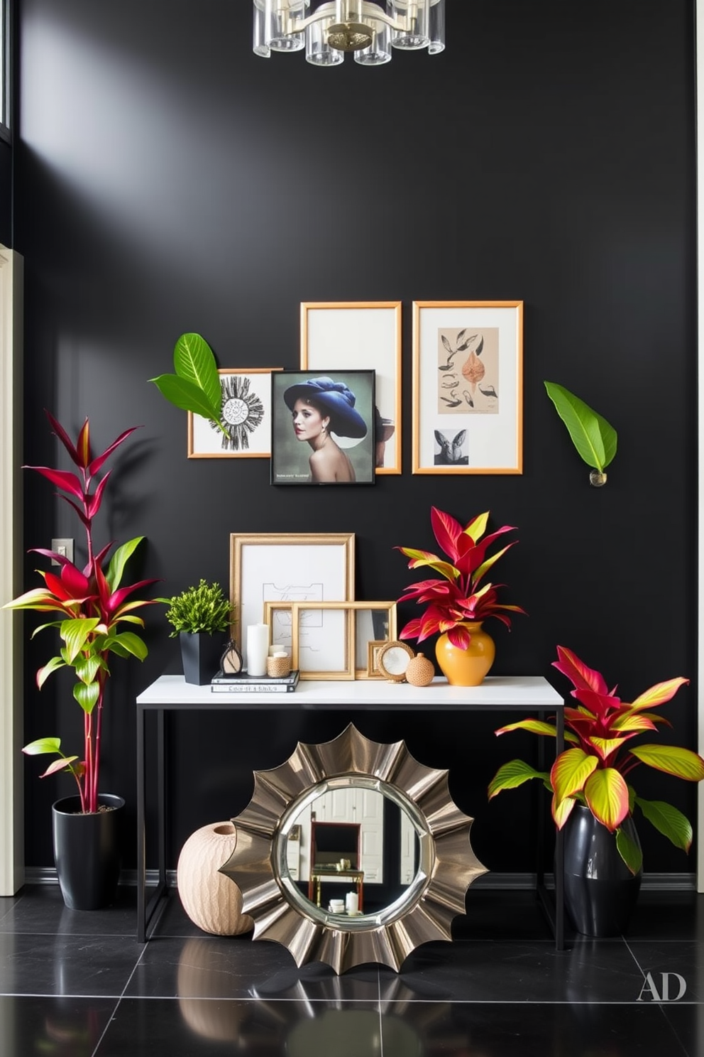 Vibrant plants are arranged artfully against a sleek black backdrop, creating a striking visual contrast that enhances the space's elegance. The lush greenery adds life and vibrancy, while the dark background emphasizes the plants' vivid colors. The foyer features a bold black accent wall adorned with contemporary art pieces, setting a dramatic tone for the entrance. A stylish console table in front of the wall displays decorative items and a statement mirror, inviting guests into the home.