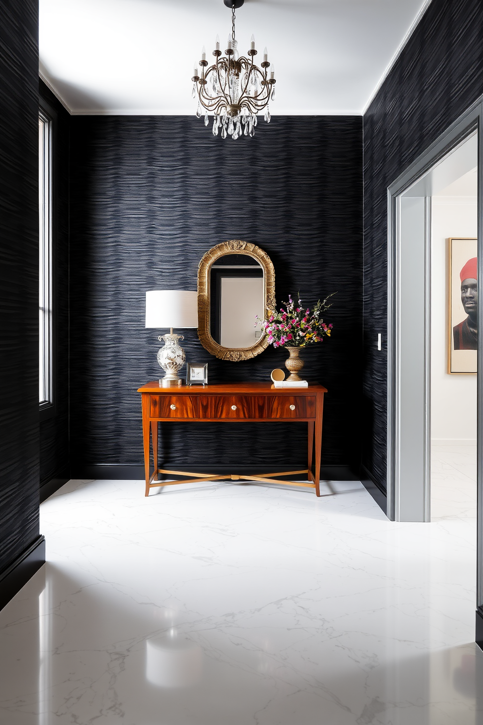 A striking foyer featuring textured black wallpaper that adds depth and sophistication to the space. The floor is adorned with a sleek white marble, contrasting beautifully with the dark walls. An elegant console table made of polished wood sits against the wall, topped with a decorative mirror and a stylish lamp. To the side, a statement piece of art adds a pop of color, enhancing the overall aesthetic of the foyer.