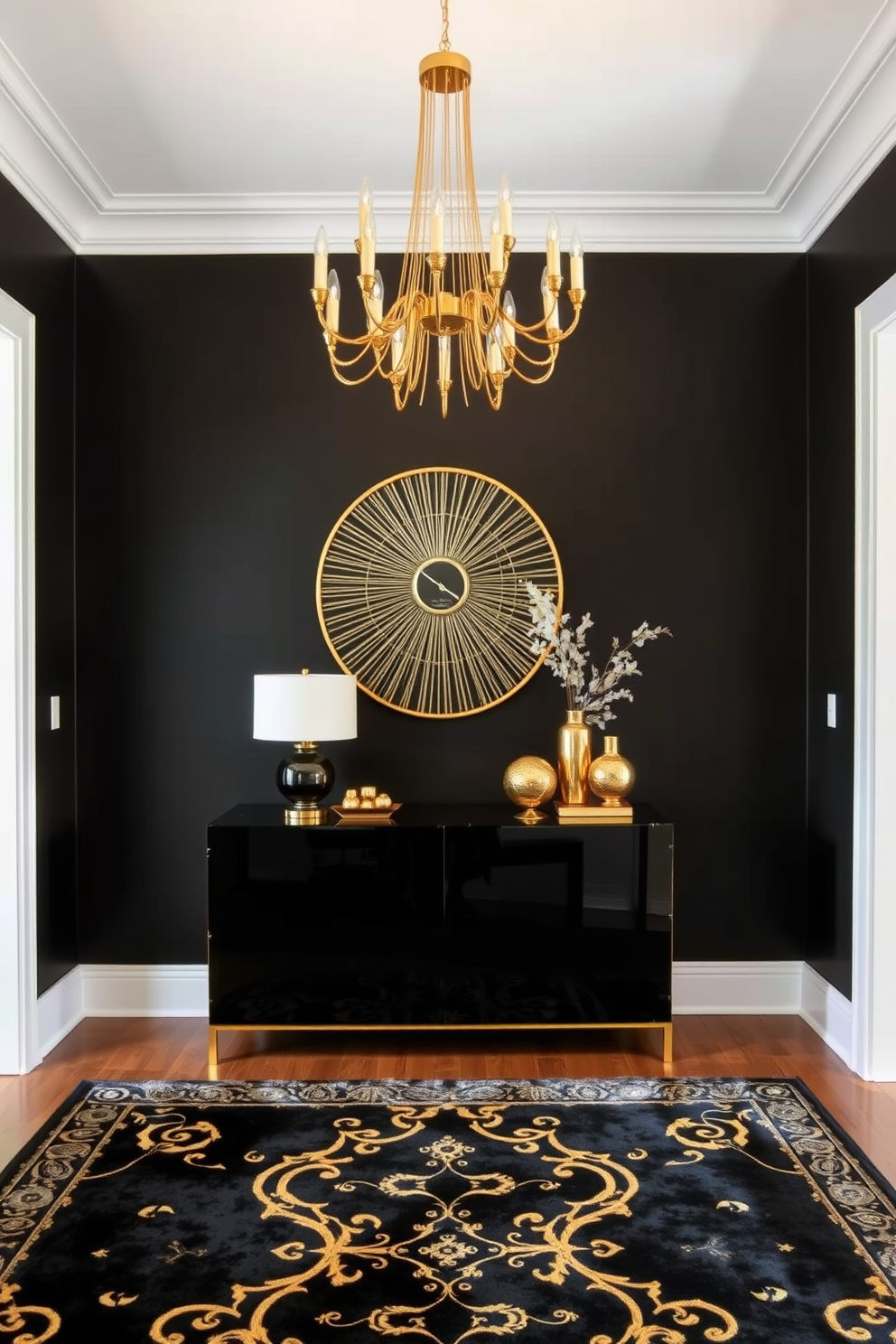 A striking foyer design featuring a bold black accent wall adorned with sleek metallic wall art. The floor is a glossy black tile, complemented by a shimmering metallic console table topped with a statement mirror. A luxurious chandelier hangs from the ceiling, casting a warm glow over the space. Plush black rugs add texture and comfort, while strategically placed metallic decor pieces enhance the glam aesthetic.