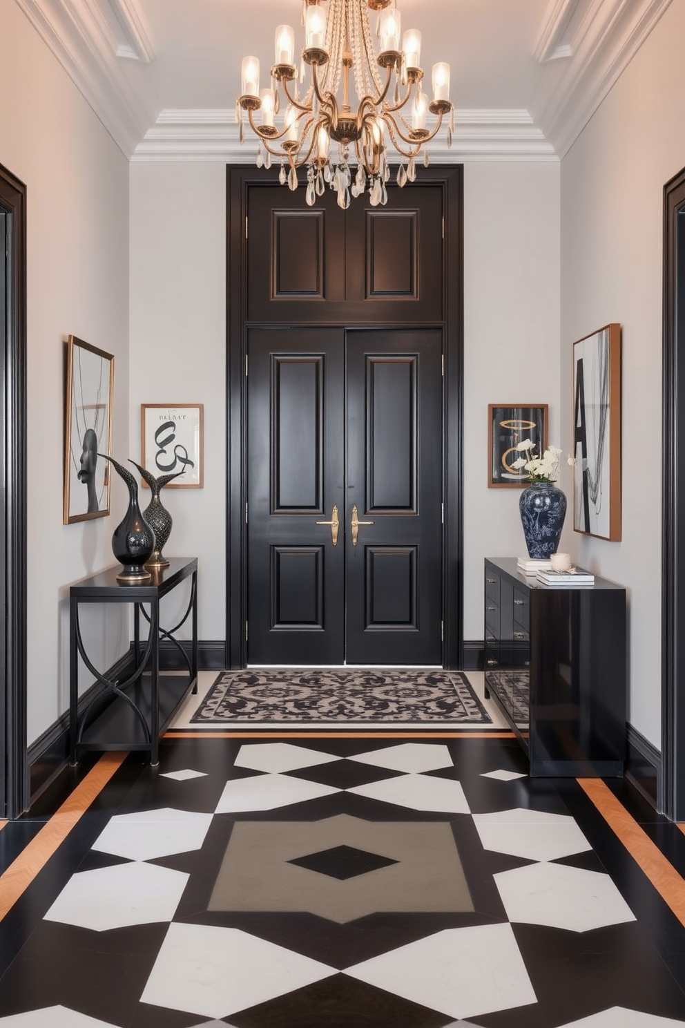 A dramatic black door with unique hardware serves as the focal point of the foyer. The walls are adorned with elegant artwork, and a stylish console table is positioned against one side. The floor features a striking geometric pattern in contrasting colors, enhancing the overall design. A statement chandelier hangs from the ceiling, casting a warm glow over the space.