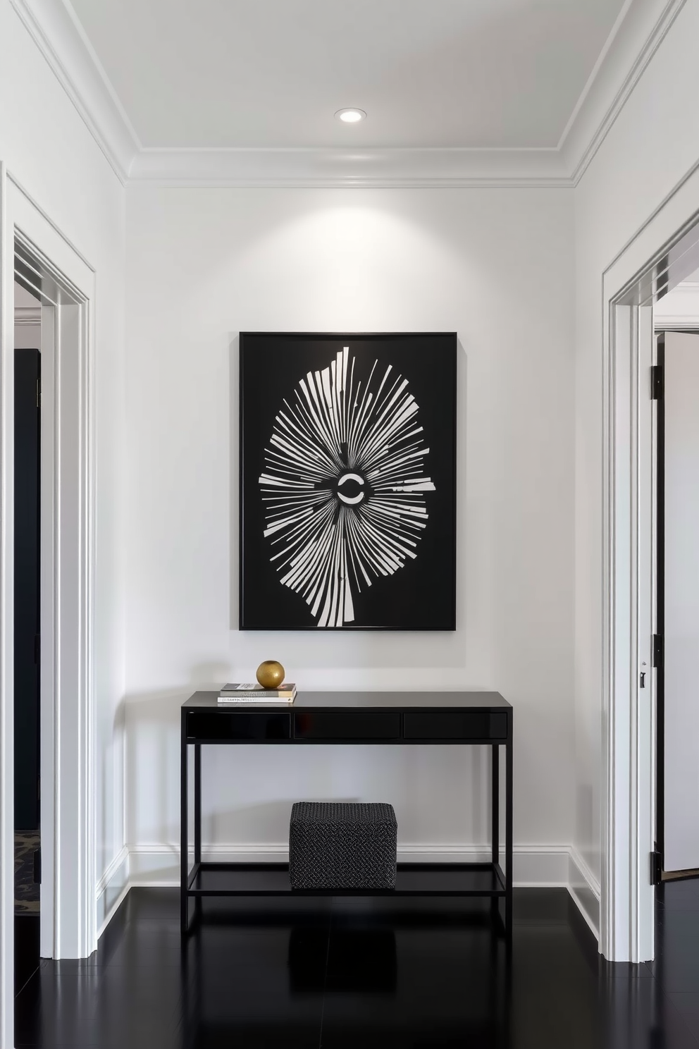 A classic black and white checkered floor sets the stage for an elegant foyer. The space is adorned with a sleek console table against the wall, complemented by a large round mirror above it. Flanking the console are two stylish sconces that provide warm lighting. A vibrant area rug in rich colors adds a touch of warmth and contrast to the monochromatic flooring.