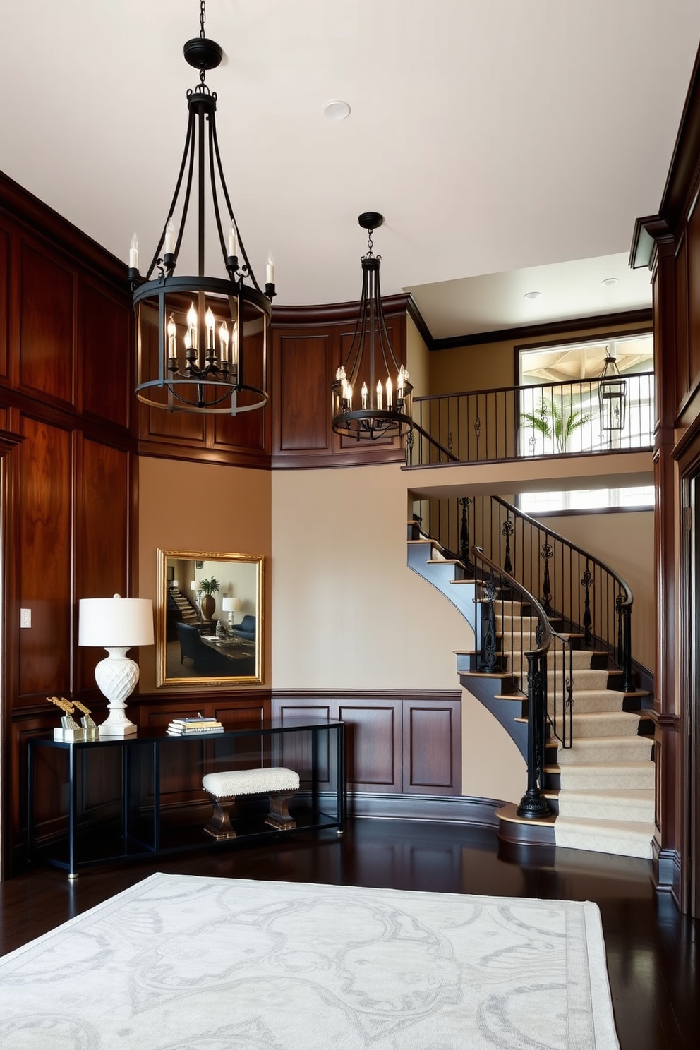 A classic foyer design featuring elegant black and chrome lighting fixtures that create a striking visual contrast. The walls are adorned with rich, dark wood paneling, and a grand staircase with wrought iron railings leads to the upper level. A large area rug in soft neutral tones anchors the space, while a sleek console table against the wall showcases decorative accents. The overall ambiance is sophisticated and inviting, perfect for welcoming guests into the home.