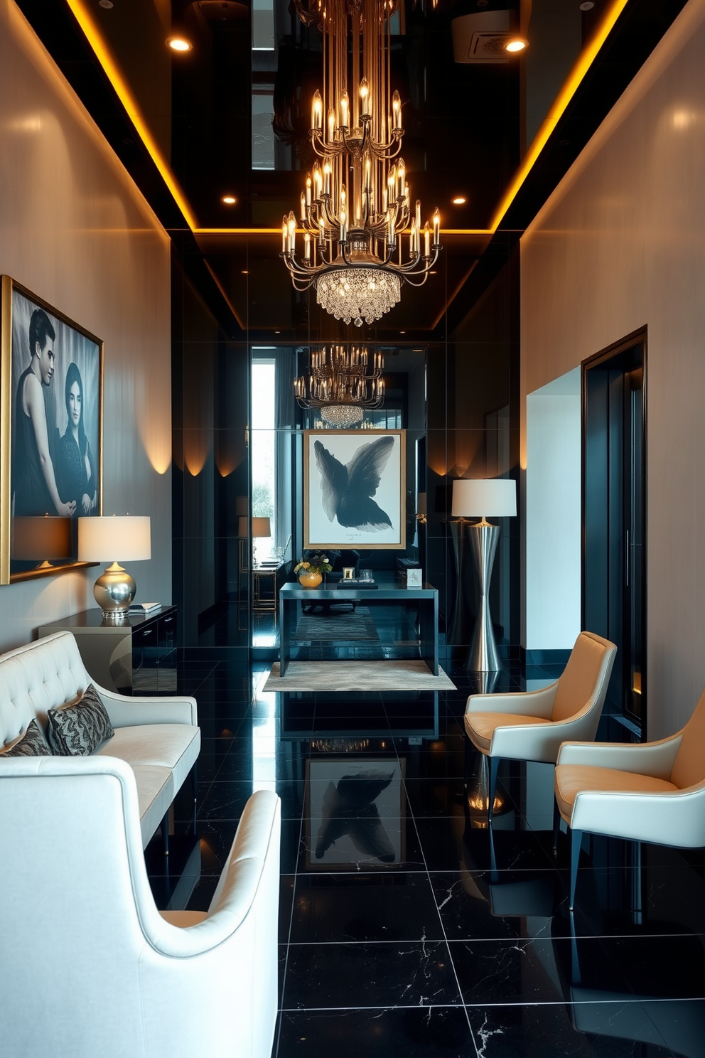 A stunning foyer featuring polished black tiles that create a sleek and modern atmosphere. The walls are adorned with elegant artwork, and a stylish console table is placed against one side, accentuated by a striking table lamp. A statement chandelier hangs from the ceiling, casting a warm glow over the space. To one side, a plush seating area with contemporary chairs invites guests to relax and enjoy the ambiance.