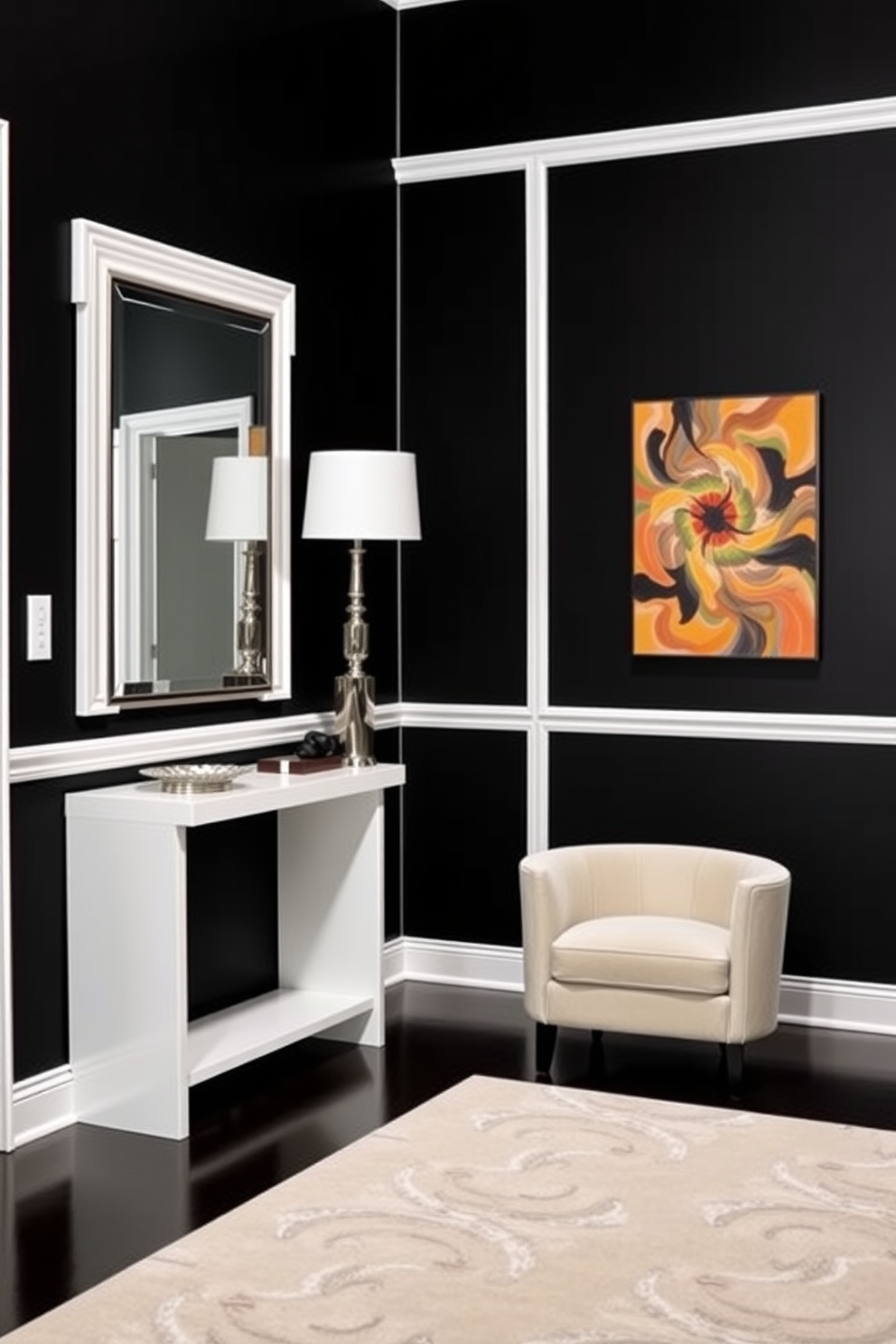 A striking foyer with bold black walls contrasted by crisp white trim. The space features an elegant console table with a sleek design, adorned with a statement mirror above it. In the corner, a plush seating area with a modern chair complements the dramatic color scheme. A vibrant piece of artwork hangs on the wall, adding a pop of color to the sophisticated atmosphere.