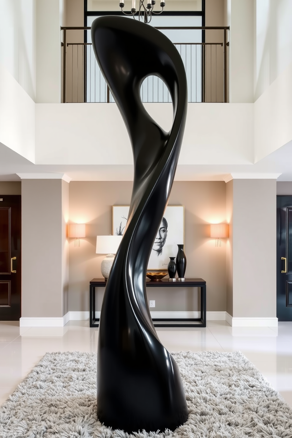 A striking black sculpture stands prominently in the entryway, serving as a captivating focal point that welcomes guests. The surrounding foyer features elegant lighting and a sleek console table, enhancing the overall sophistication of the space. The walls are adorned with neutral tones, creating a serene backdrop that allows the sculpture to shine. A plush area rug underfoot adds warmth and texture, inviting visitors into this stylish entryway.