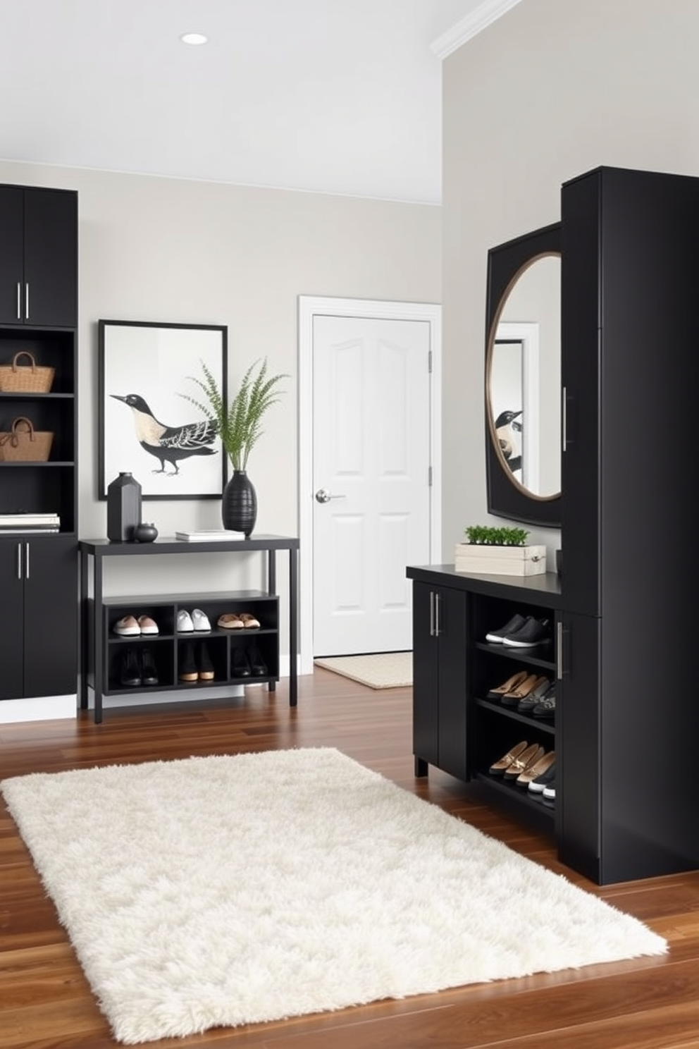 A sleek black shoe storage solution designed to fit seamlessly into a modern foyer. It features a combination of open shelving and closed cabinets, providing ample space for shoes while maintaining a clean aesthetic. A stylish foyer with black accents that includes a statement console table and a large mirror. The walls are adorned with minimalist art, and a plush area rug adds warmth to the space.