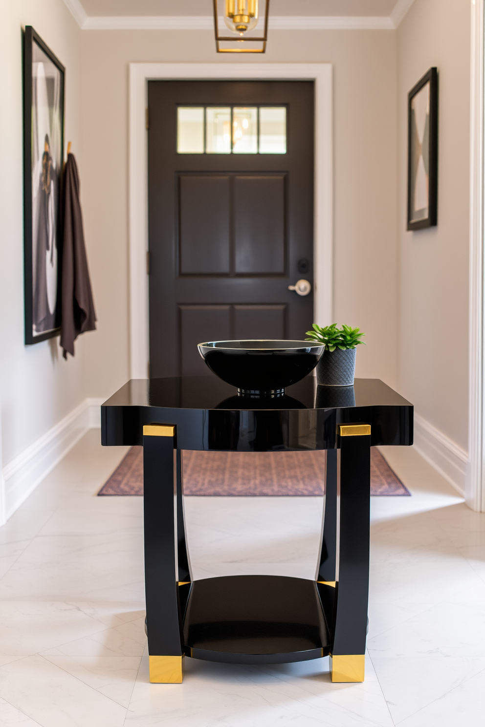 A stunning black foyer featuring a sleek console table with a glossy finish. The walls are adorned with black and white photographs in elegant frames, creating a sophisticated gallery effect. The floor is covered with a luxurious black and white patterned rug that adds depth to the space. A large, round mirror with a thin black frame hangs above the console, reflecting the striking decor and enhancing the foyer's elegance.