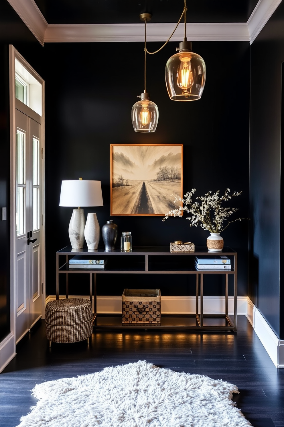 A black accent chair with sleek lines and plush upholstery sits elegantly in a corner of the living room. The chair is complemented by a small round side table topped with a modern lamp, creating a cozy reading nook. The foyer features a striking black console table against a soft gray wall. Above the table, a large round mirror enhances the space, while a stylish arrangement of greenery adds a touch of life.