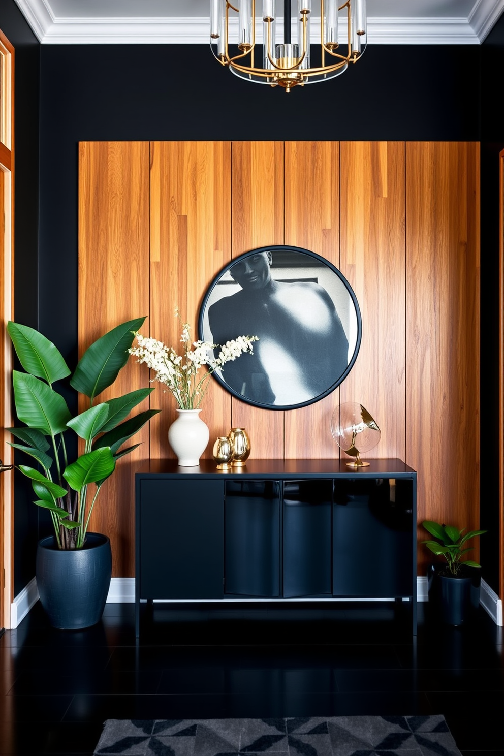 A stylish foyer featuring elegant black and silver decor accents. The walls are adorned with a sleek black wallpaper, and a stunning silver chandelier hangs from the ceiling. A modern console table in black is positioned against the wall, topped with decorative silver vases and a large round mirror with a silver frame. The floor is covered with a plush black and white area rug, adding warmth and sophistication to the space.