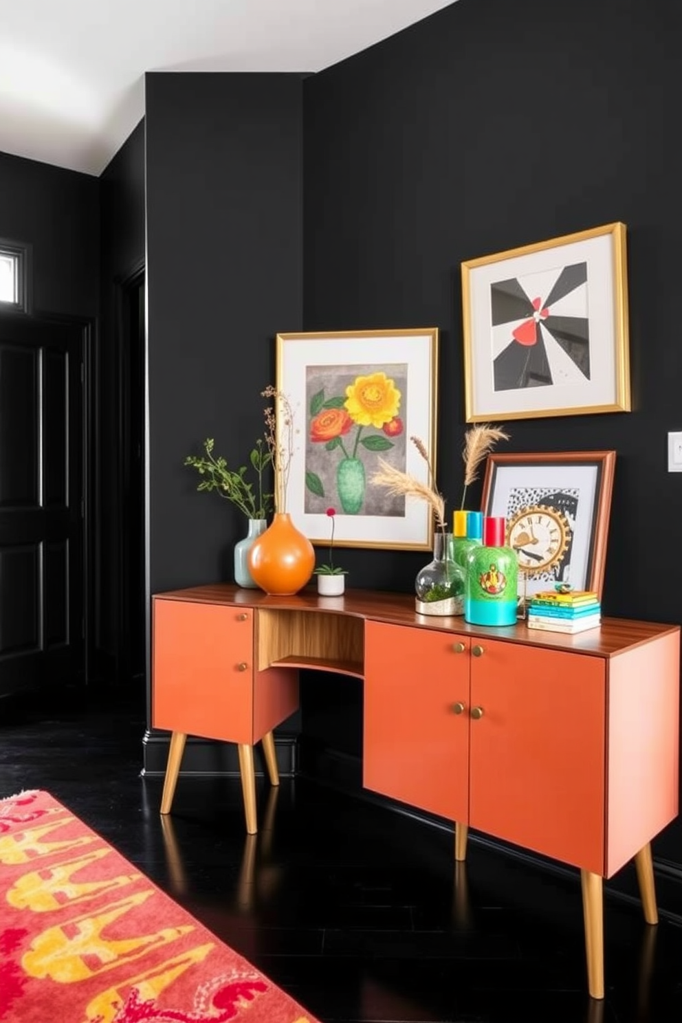 A playful black foyer features bold black walls that create a striking backdrop for colorful decor accents. A vibrant area rug in shades of red and yellow lays underfoot, while a quirky console table adorned with eclectic art pieces and colorful vases invites guests into the space.