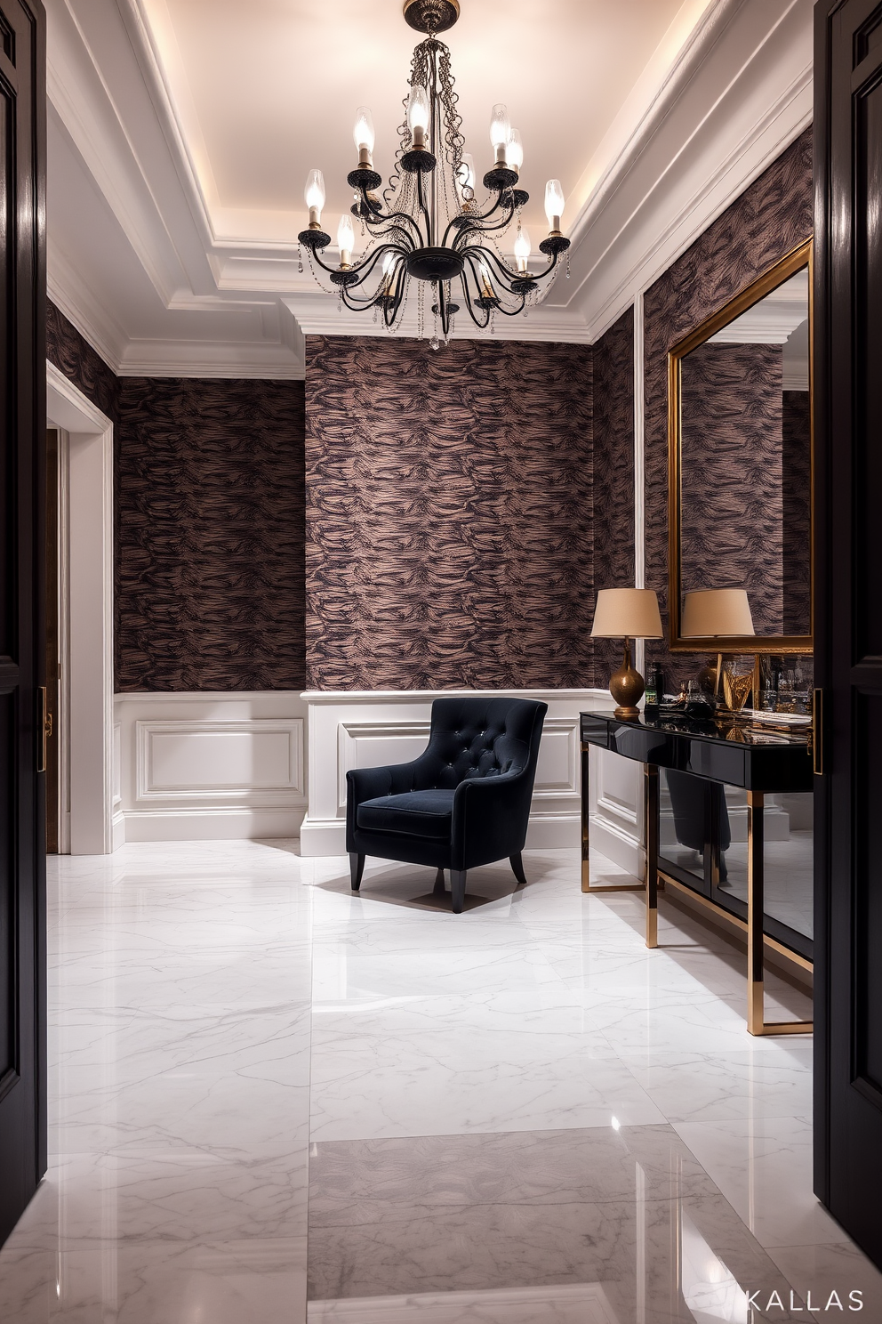 A luxurious black velvet armchair is elegantly positioned in the corner of the foyer. The space features a stunning chandelier that casts a warm glow over the polished marble floor. The walls are adorned with rich, textured wallpaper that adds depth to the design. A stylish console table sits against one wall, complemented by a large mirror that enhances the sense of space.