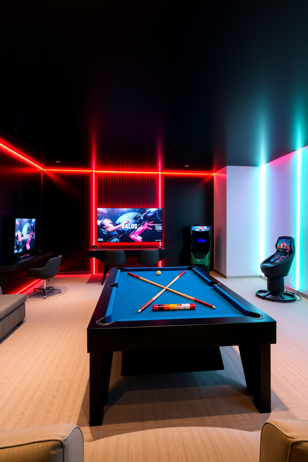 A modern game room featuring sleek black walls adorned with vibrant neon accents that create a lively atmosphere. The space includes a stylish pool table at the center, surrounded by comfortable seating and a high-tech gaming setup against one wall.