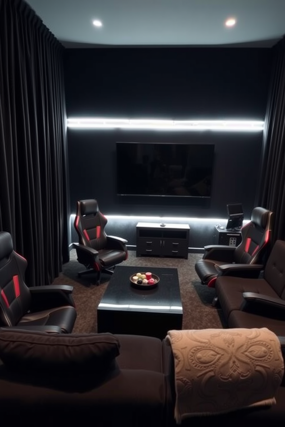 A cozy game room featuring black curtains that create an inviting atmosphere. The space is adorned with a plush sectional sofa in dark tones, surrounded by sleek gaming chairs and a large flat-screen TV mounted on the wall. The walls are painted in a deep charcoal shade, enhancing the room's intimate feel. Accent lighting in the form of LED strips highlights the gaming area, while a stylish coffee table sits at the center, perfect for snacks and drinks.