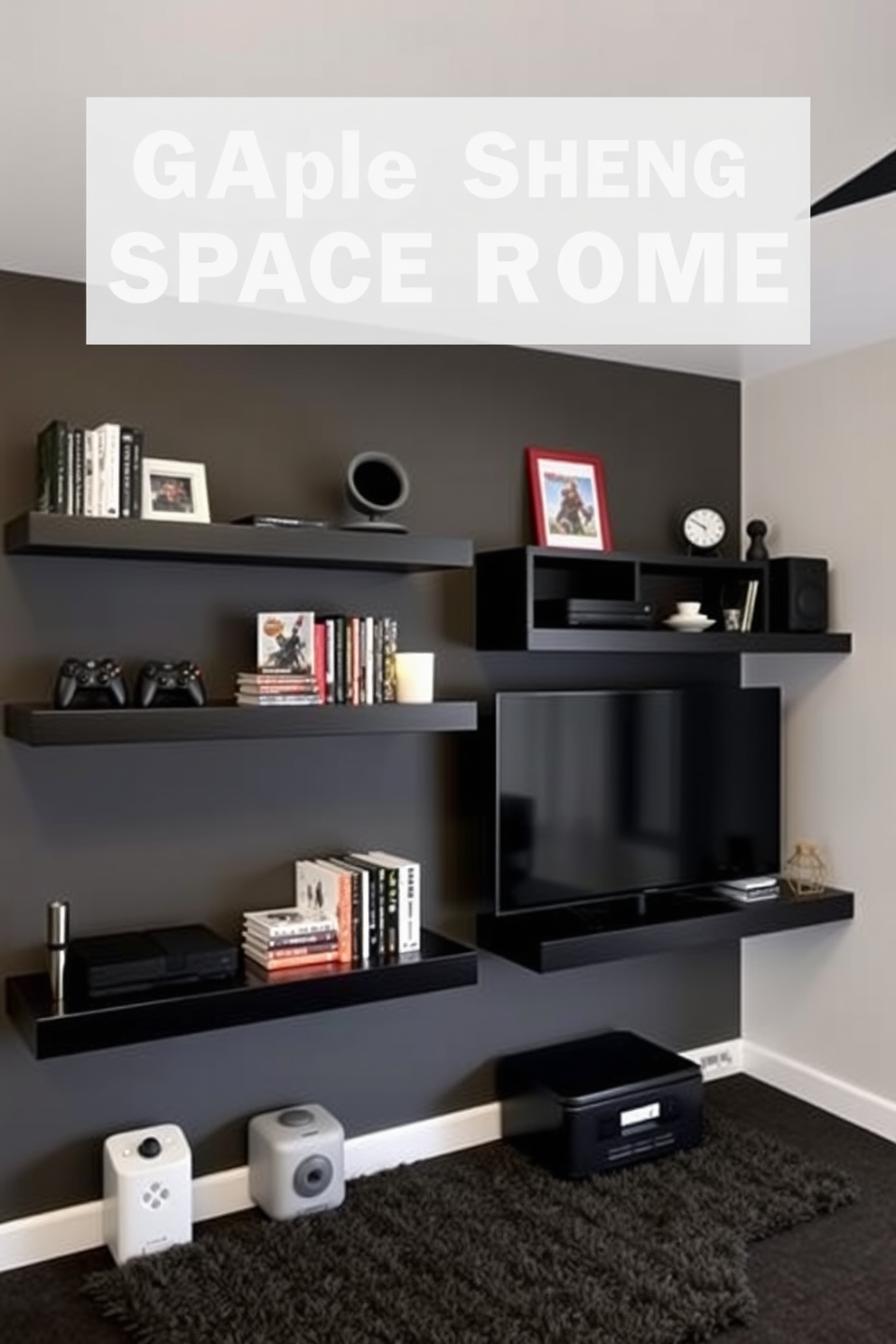 A modern game room featuring floating black shelves that provide ample space-saving solutions. The walls are painted in a deep charcoal color, and the shelves are adorned with gaming consoles, books, and decorative items.