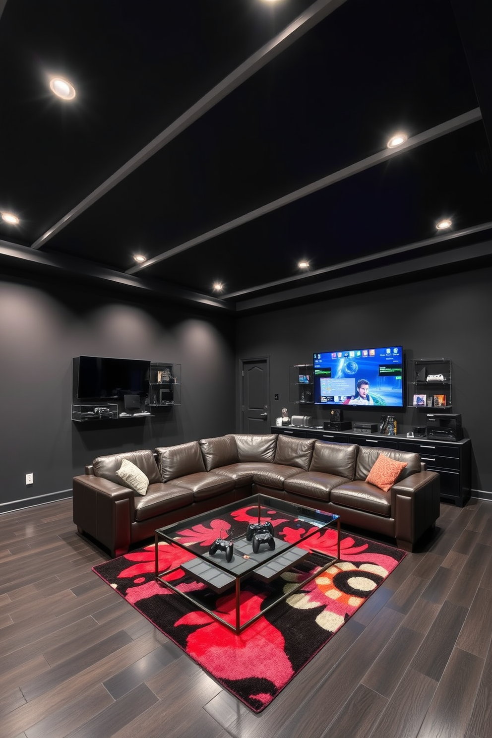 A striking game room featuring a black ceiling adorned with recessed lighting that creates an inviting atmosphere. The walls are painted in a deep gray, and the flooring is a sleek dark wood, enhancing the room's modern aesthetic. In the center, a large sectional sofa in a rich leather provides ample seating, complemented by a stylish coffee table made of glass and metal. A wall-mounted display showcases an array of gaming consoles and accessories, while a vibrant area rug adds a pop of color to the space.