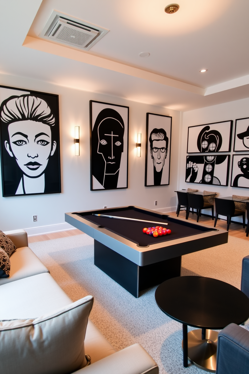 A modern game room featuring bold black and white artwork adorning the walls. The space includes a sleek pool table in the center, surrounded by comfortable seating and stylish lighting fixtures.