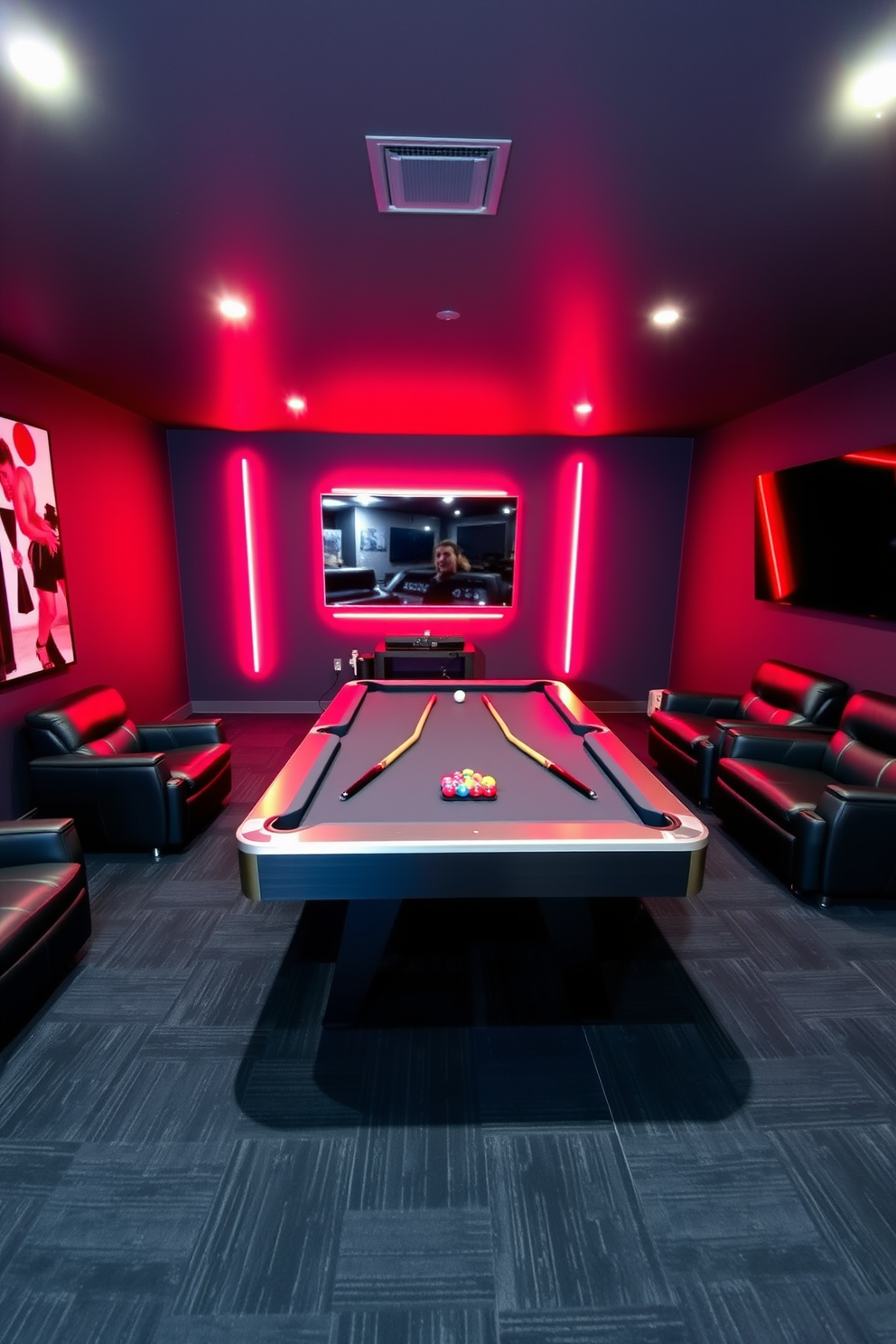 A modern game room featuring black carpet tiles for easy maintenance. The walls are painted in a deep charcoal color, and vibrant neon lights outline the gaming area. A sleek pool table takes center stage, surrounded by comfortable leather seating. A large flat-screen TV is mounted on the wall, perfect for gaming and movie nights.