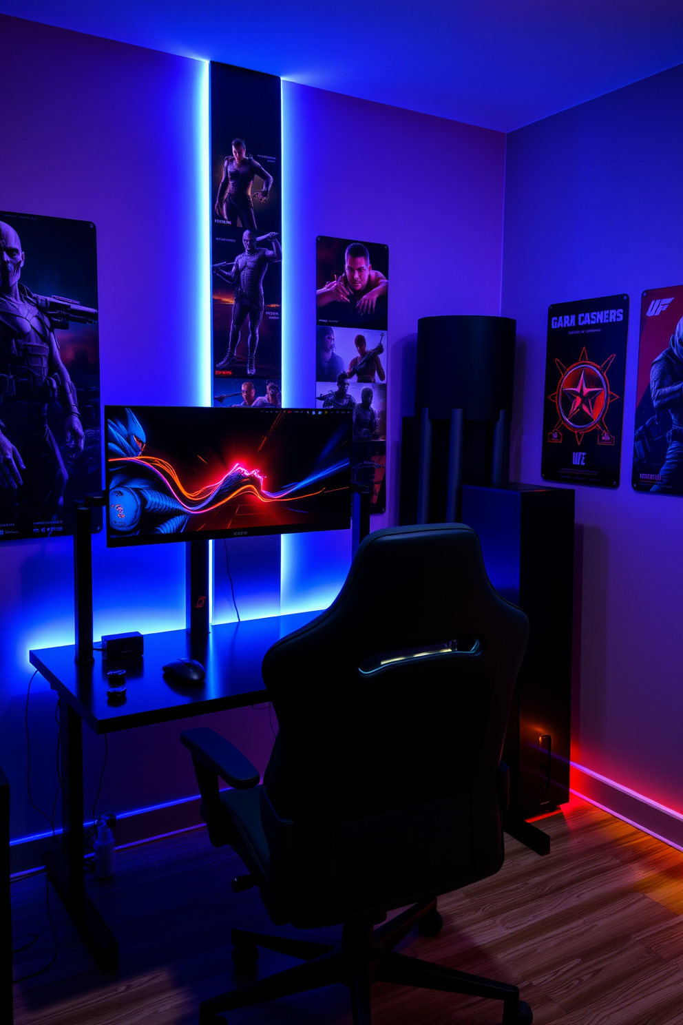 A sleek gaming setup featuring dual black monitors mounted on stylish stands. The room is illuminated with ambient LED lighting, creating a dynamic atmosphere for gaming enthusiasts. The walls are adorned with gaming-themed artwork and posters, enhancing the immersive experience. A comfortable gaming chair is positioned in front of the monitors, complemented by a modern desk with cable management solutions.