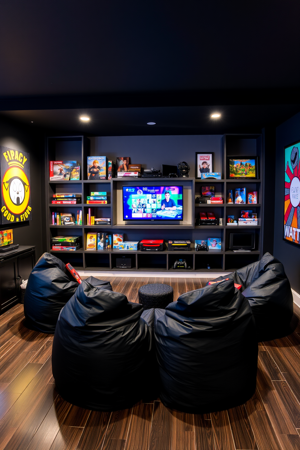 A stylish black bean bag seating area is designed for a vibrant game room. The space features a large flat-screen TV mounted on the wall, surrounded by shelves filled with various board games and gaming consoles. The flooring is a sleek dark wood, contrasting beautifully with the colorful game-themed artwork on the walls. Soft ambient lighting creates a cozy atmosphere, inviting friends and family to gather and enjoy their favorite games.