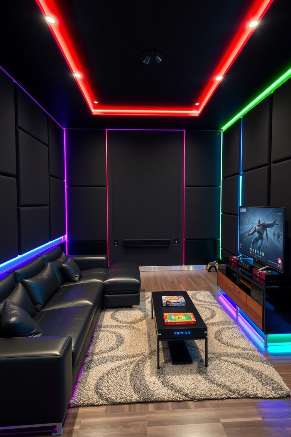 A modern game room featuring wall-mounted monitors that create a sleek and streamlined aesthetic. The space is accented with dark walls, plush seating, and ambient lighting to enhance the gaming experience.