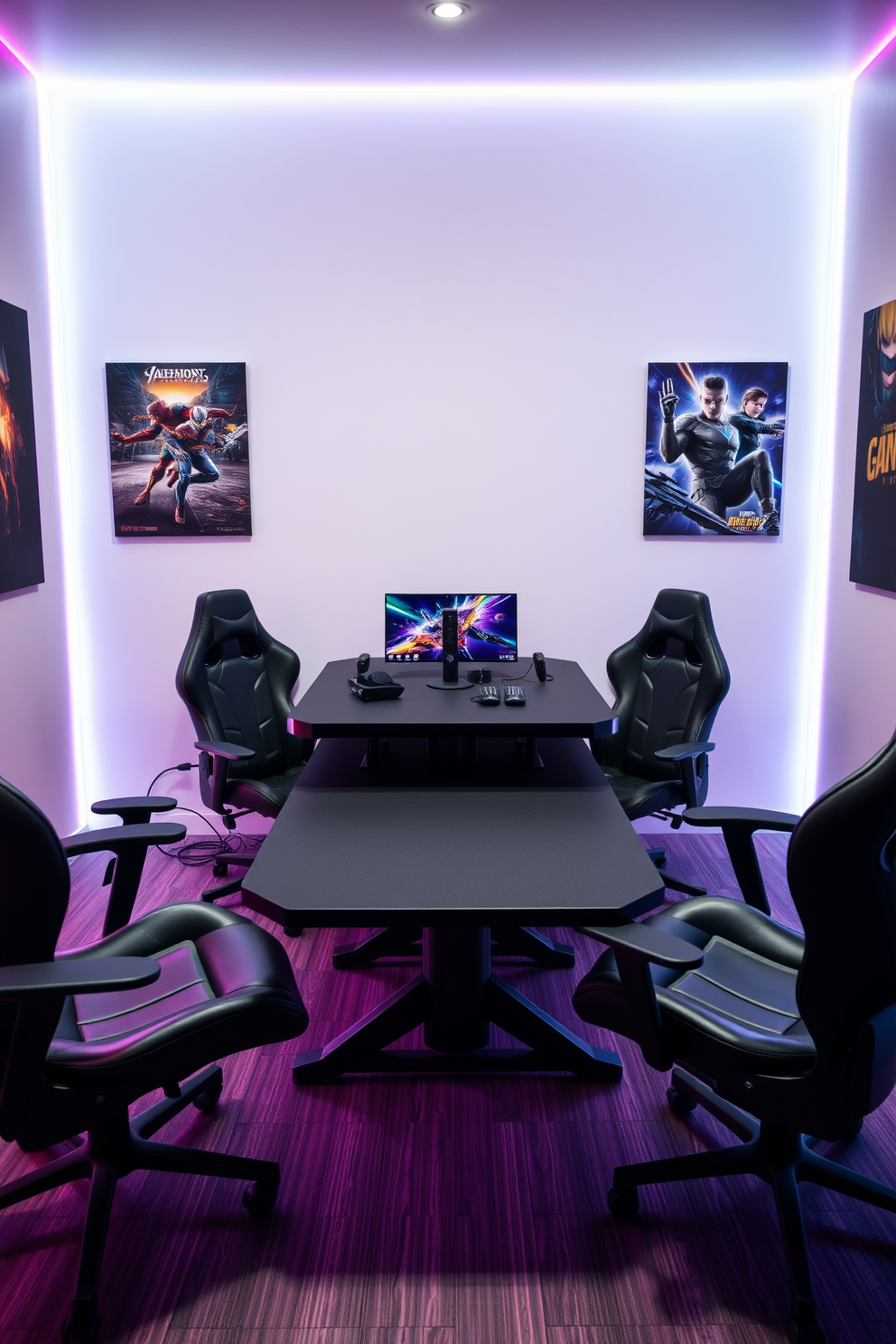 A multi-level black gaming table is positioned at the center of the room, designed for versatility and functionality. Surrounding the table are sleek black gaming chairs with ergonomic support, creating an inviting atmosphere for gaming sessions. The walls are adorned with posters of popular video games, enhancing the immersive experience. Soft LED strip lighting in vibrant colors outlines the edges of the room, adding a dynamic touch to the overall design.