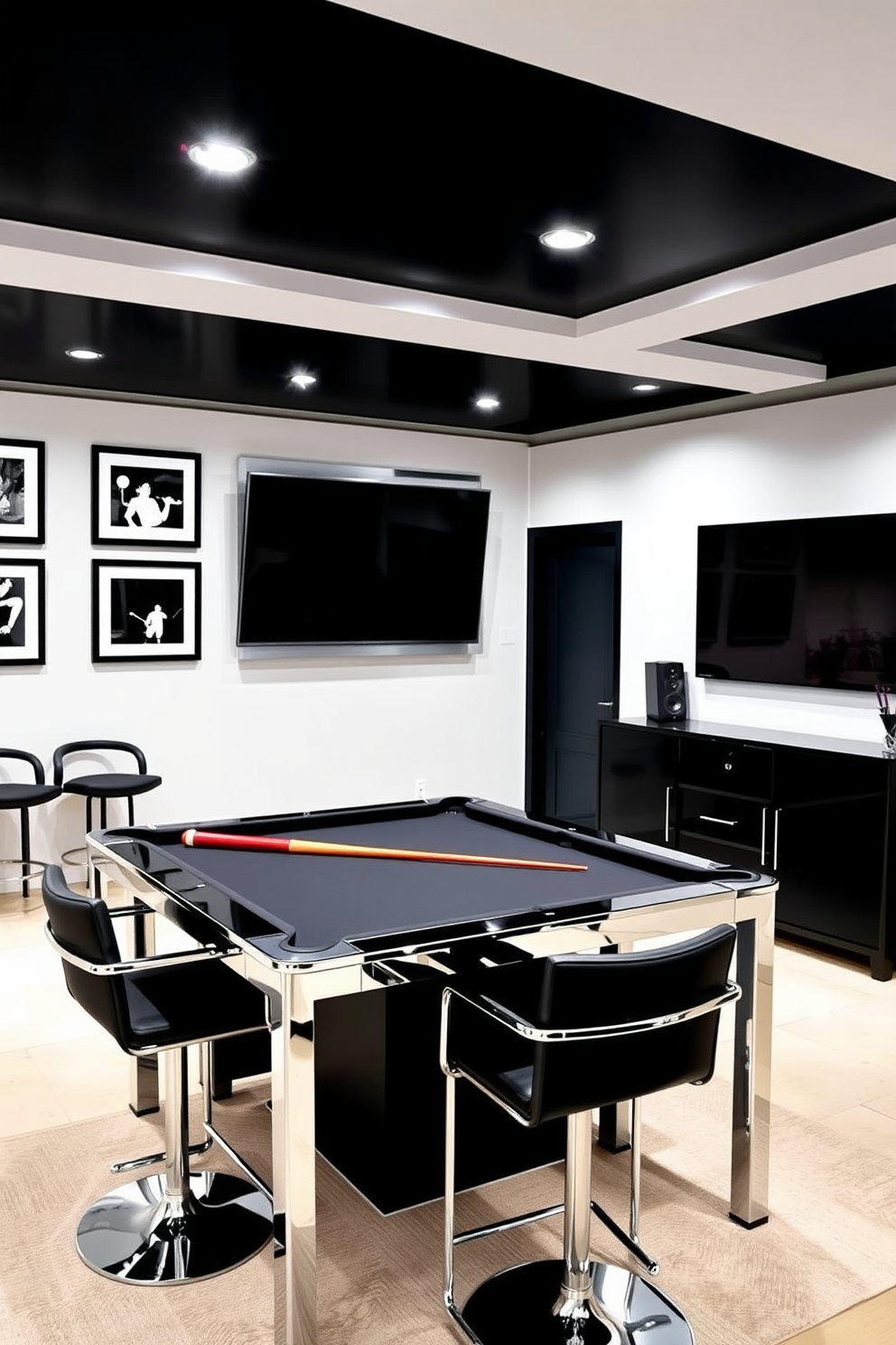 A sleek game room featuring black and chrome accents throughout the space. The centerpiece is a stylish pool table with a chrome frame and black felt, surrounded by contemporary bar stools with chrome legs. The walls are adorned with framed artwork in black frames, creating a striking contrast against the light-colored walls. A large flat-screen TV mounted on the wall is complemented by a minimalist black entertainment unit below.