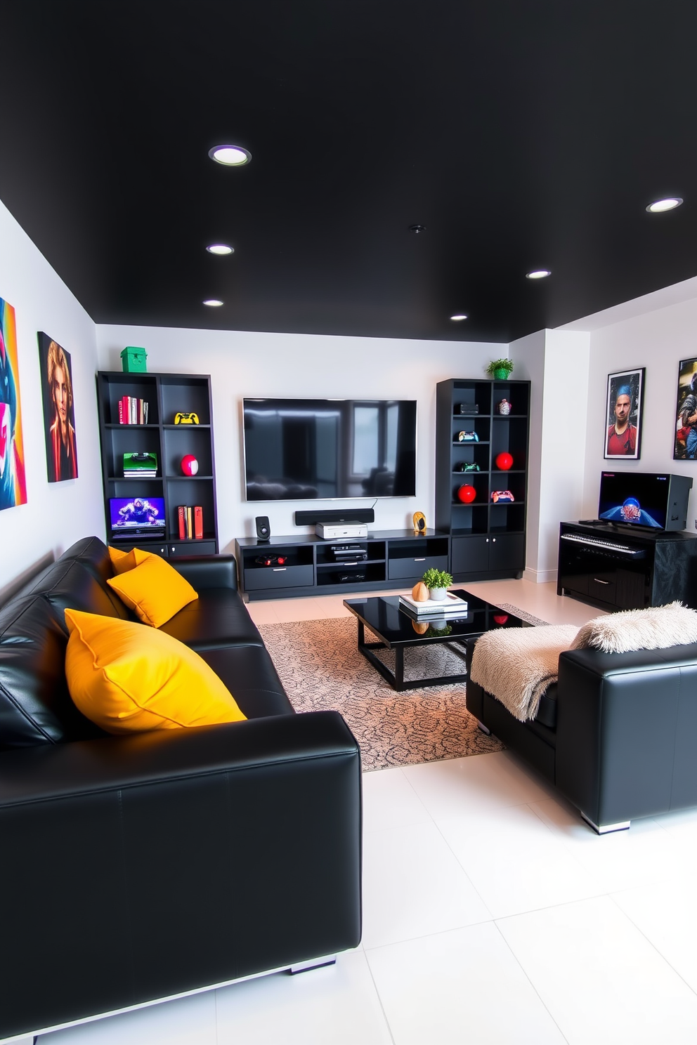 A sleek minimalist game room featuring black furniture with clean lines. The space is accented by vibrant decor elements such as colorful wall art and plush throw pillows. The room includes a stylish black sectional sofa paired with a modern coffee table. A large flat-screen TV is mounted on the wall, surrounded by bright gaming accessories and decorative pieces.