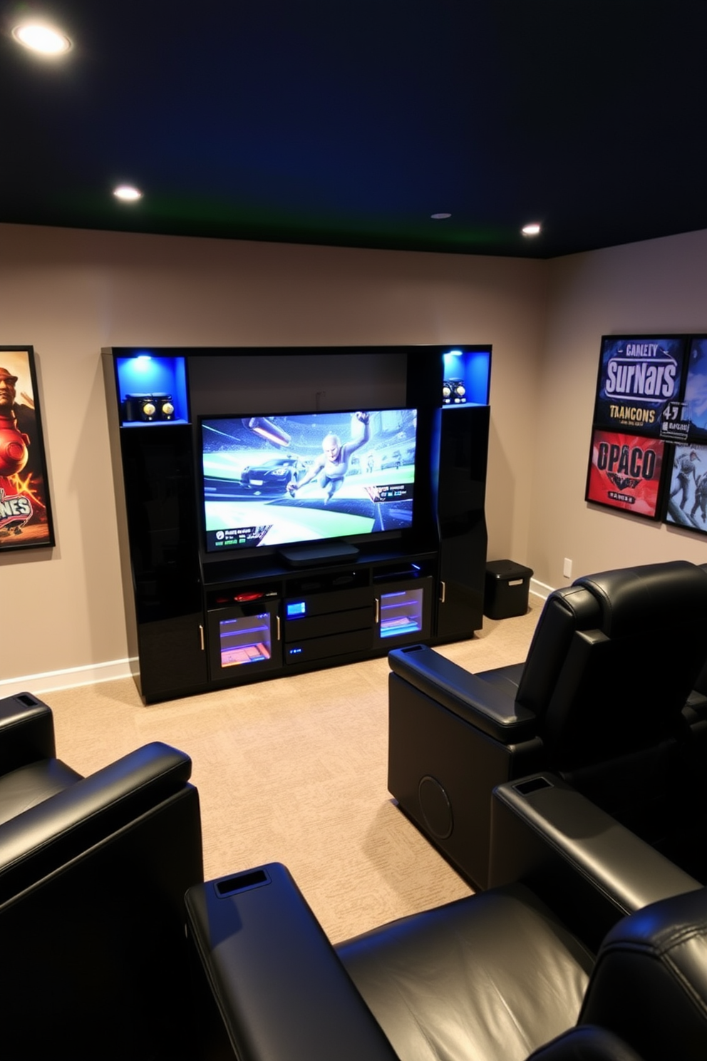 A stylish game room designed around framed artwork featuring favorite games. The walls are adorned with vibrant prints and posters, creating an engaging atmosphere that reflects personal interests. The seating includes a plush sectional sofa in dark tones, complemented by colorful throw pillows. A sleek coffee table sits in the center, surrounded by a plush area rug that ties the room together.