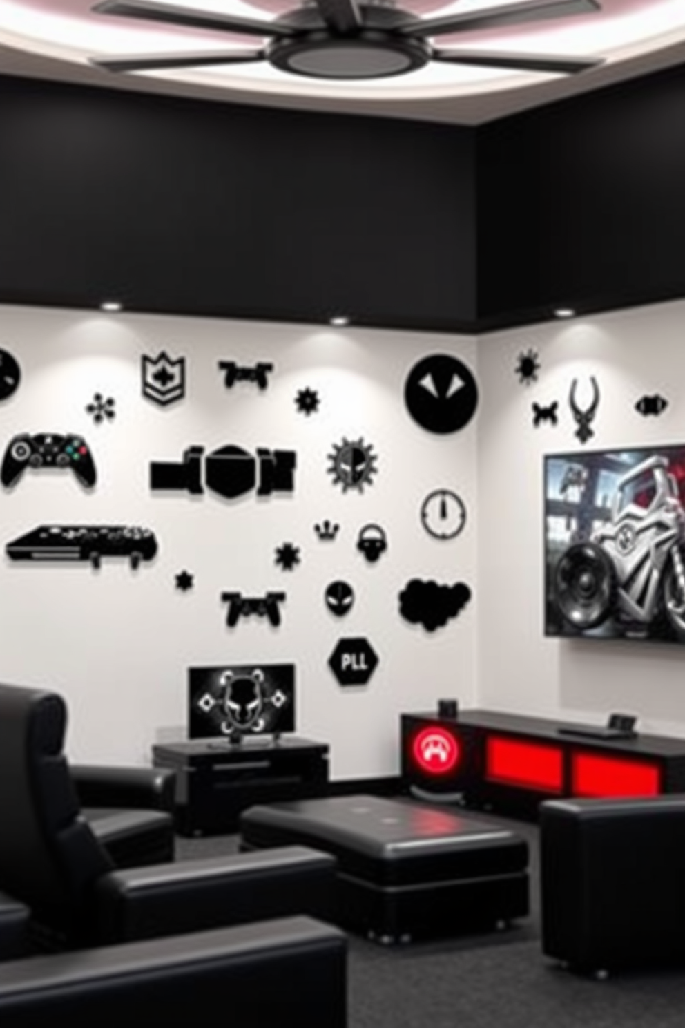 Themed black wall decals for personalization. The decals feature various shapes and designs that can be arranged creatively to reflect personal style and interests. Black Game Room Design Ideas. The room is designed with sleek black furniture, a large gaming console, and ambient lighting that enhances the gaming experience.