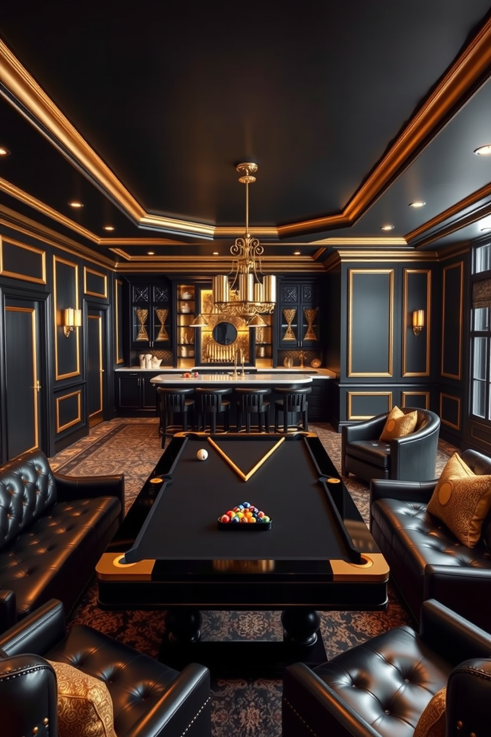 A striking game room with a black ceiling that features recessed lighting to create an inviting atmosphere. The walls are adorned with dark wood paneling, and plush seating arrangements are positioned around a sleek gaming table.