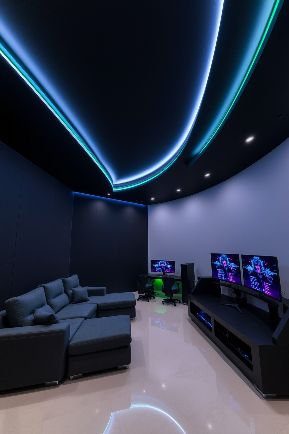 A modern game room featuring sleek black LED strip lights that outline the perimeter of the ceiling, creating a vibrant and immersive atmosphere. The room is designed with a minimalist aesthetic, showcasing a large sectional sofa facing a state-of-the-art gaming setup with multiple screens and colorful LED accents.