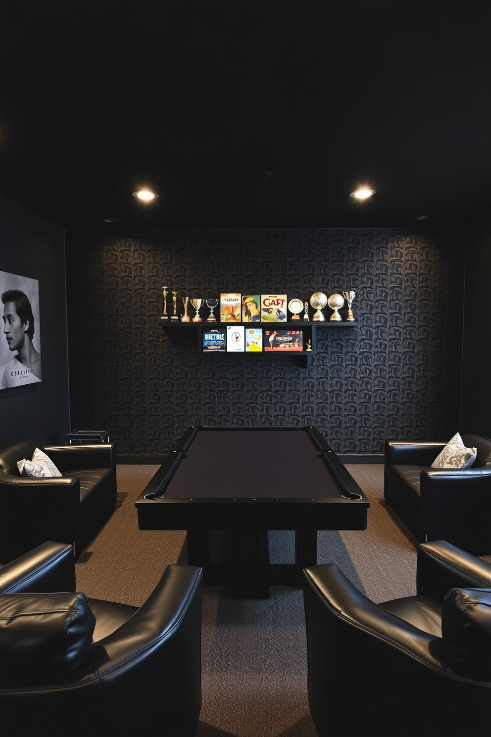 Textured black wallpaper creates a striking backdrop that adds depth and sophistication to the space. The game room is furnished with a sleek black pool table at the center, surrounded by modern leather seating for a stylish yet comfortable atmosphere. Accent lighting highlights the wallpaper's texture, enhancing the overall ambiance of the room. A wall-mounted shelf displays an array of board games and trophies, showcasing both style and personality.