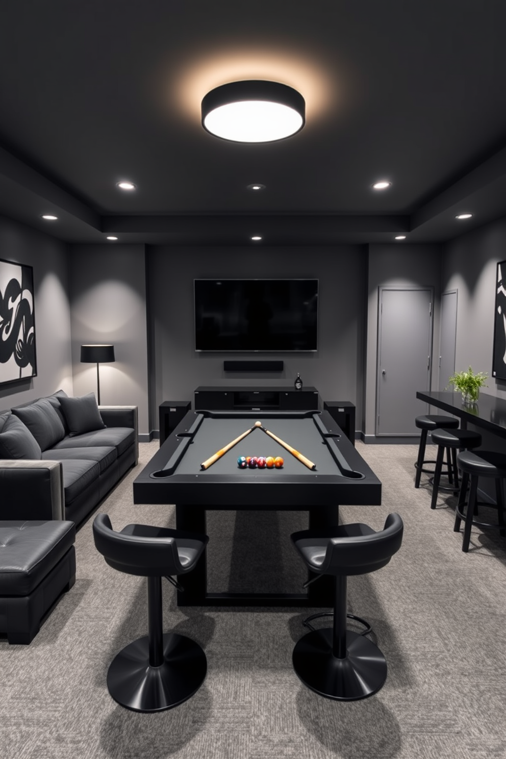 A stylish game room featuring dark gray furniture complemented by sleek black accents. The space includes a plush sectional sofa, a modern coffee table, and a large flat-screen TV mounted on the wall. The room is illuminated by soft ambient lighting, creating a cozy atmosphere. A sleek pool table takes center stage, surrounded by black bar stools for an inviting entertainment area.