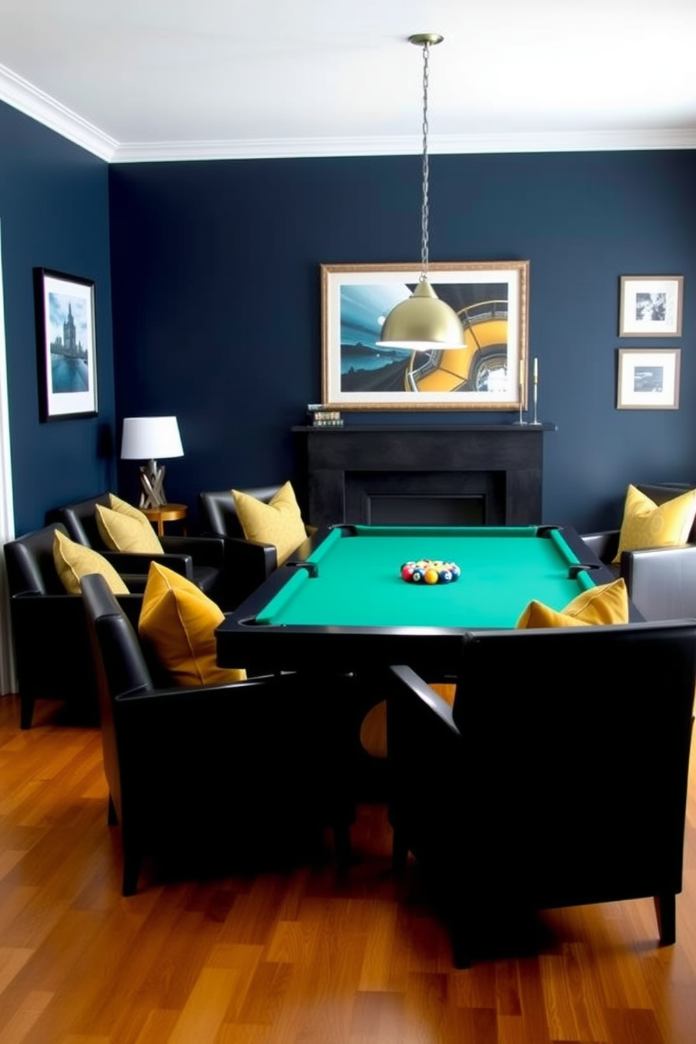 A cozy game room featuring sleek black accent chairs adorned with vibrant throw pillows in shades of teal and mustard. The walls are painted a deep navy blue, and a stylish pool table takes center stage, surrounded by warm wooden flooring.