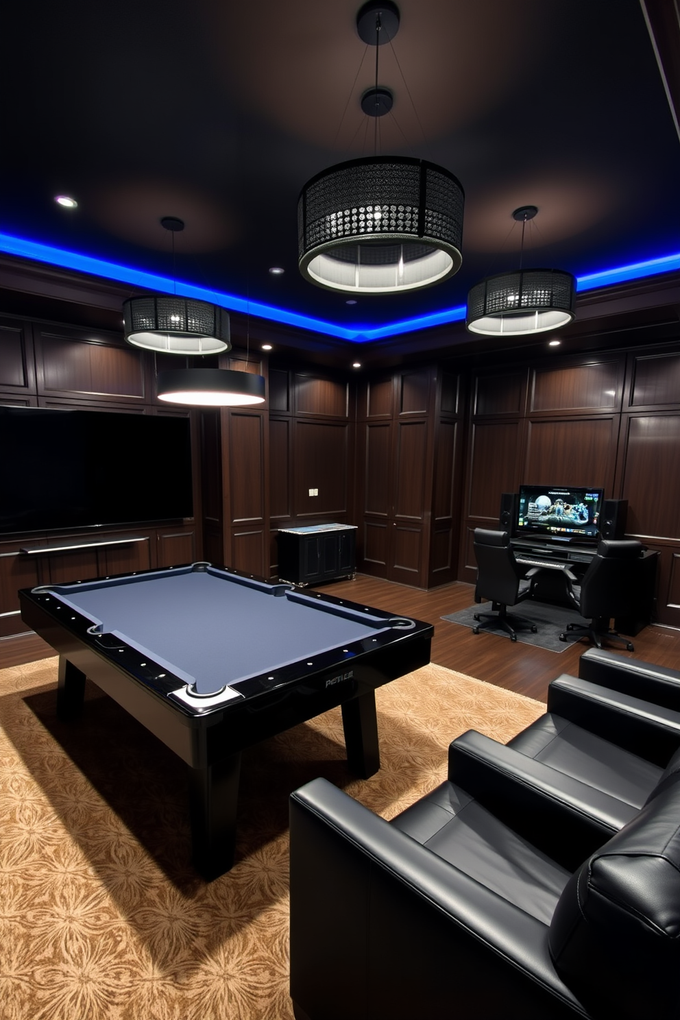 A sleek black gaming table is positioned in the center of the room, surrounded by ergonomic gaming chairs. The table is adorned with high-tech accessories including a mechanical keyboard, a gaming mouse, and a large mouse pad featuring a vibrant design. The walls are painted in a deep matte black, creating an immersive atmosphere for gaming. LED strip lights in various colors illuminate the room, highlighting shelves filled with gaming collectibles and books.