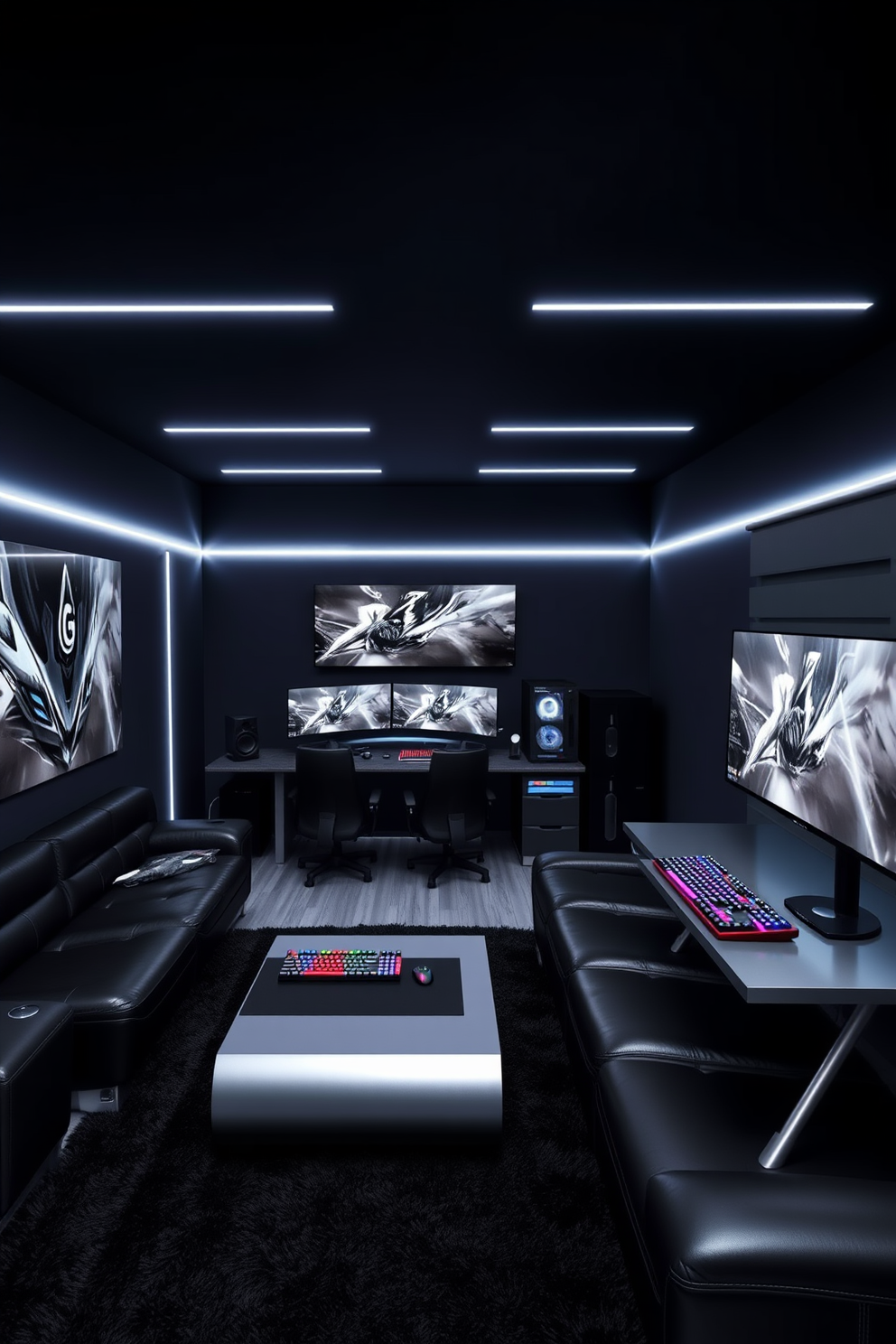 A sleek game room featuring black and silver gaming accessories. The walls are painted in a deep charcoal color, and a large sectional sofa in black leather provides ample seating. A modern gaming desk with a silver finish holds multiple monitors and an RGB keyboard. The room is illuminated by LED strip lights that create a dynamic atmosphere, while a plush area rug in black adds comfort underfoot.