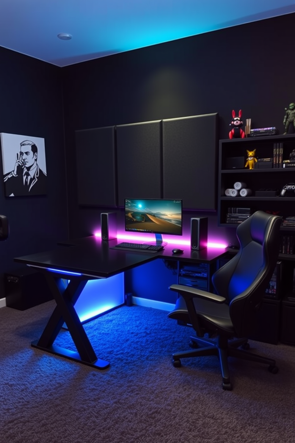 A game room featuring dark wood shelves illuminated by sleek LED lighting creates a modern and inviting atmosphere. The shelves are filled with an array of board games, books, and decorative items, enhancing the room's aesthetic appeal.