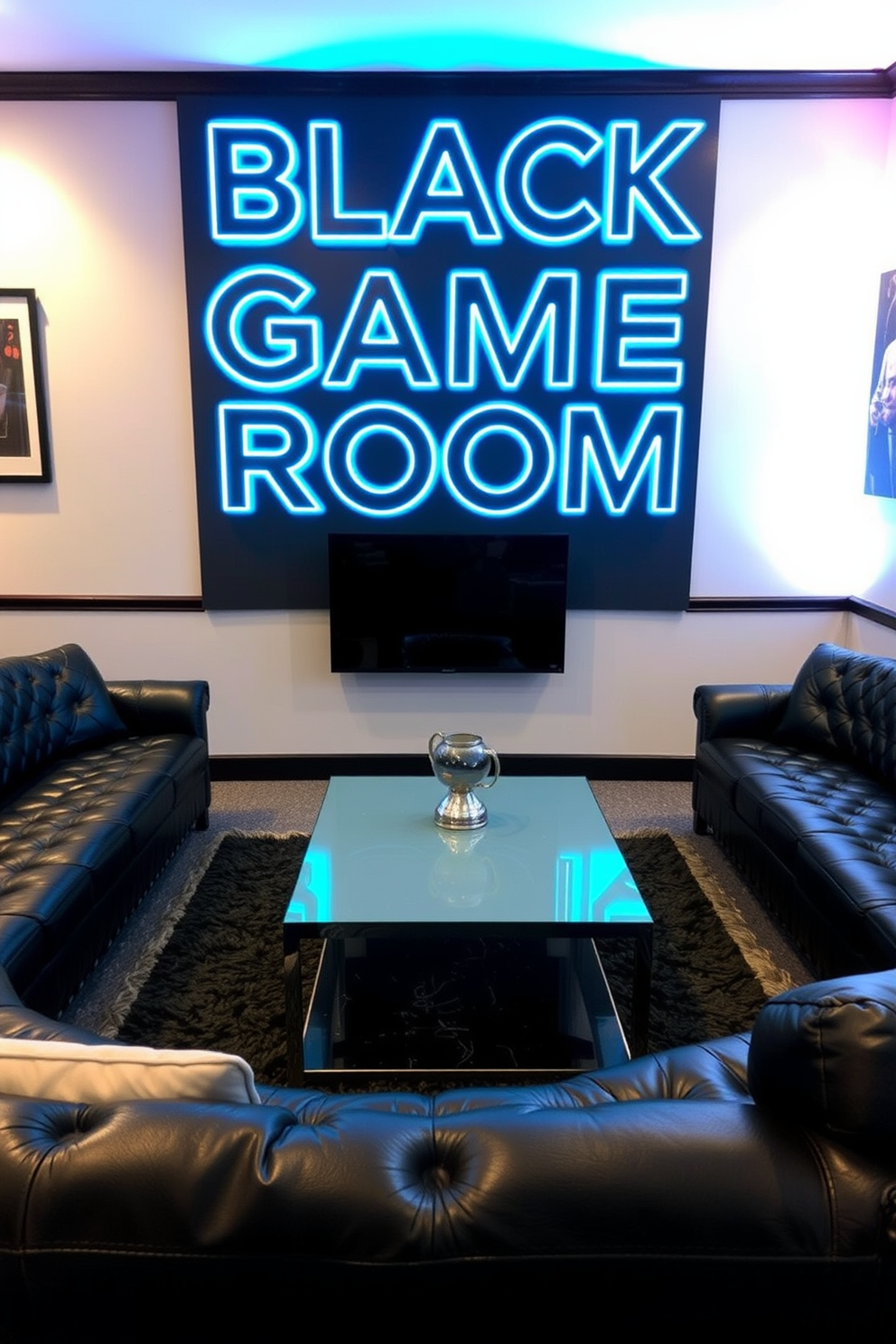 A cozy game room featuring ambient mood lighting that creates an inviting atmosphere for gaming sessions. The walls are painted in a deep charcoal color, and LED strip lights are installed along the ceiling edges to provide a soft glow. The room includes a large sectional sofa upholstered in dark leather, surrounded by sleek gaming chairs. A custom-built gaming desk with multiple monitors sits in the corner, illuminated by a stylish desk lamp that complements the overall aesthetic.