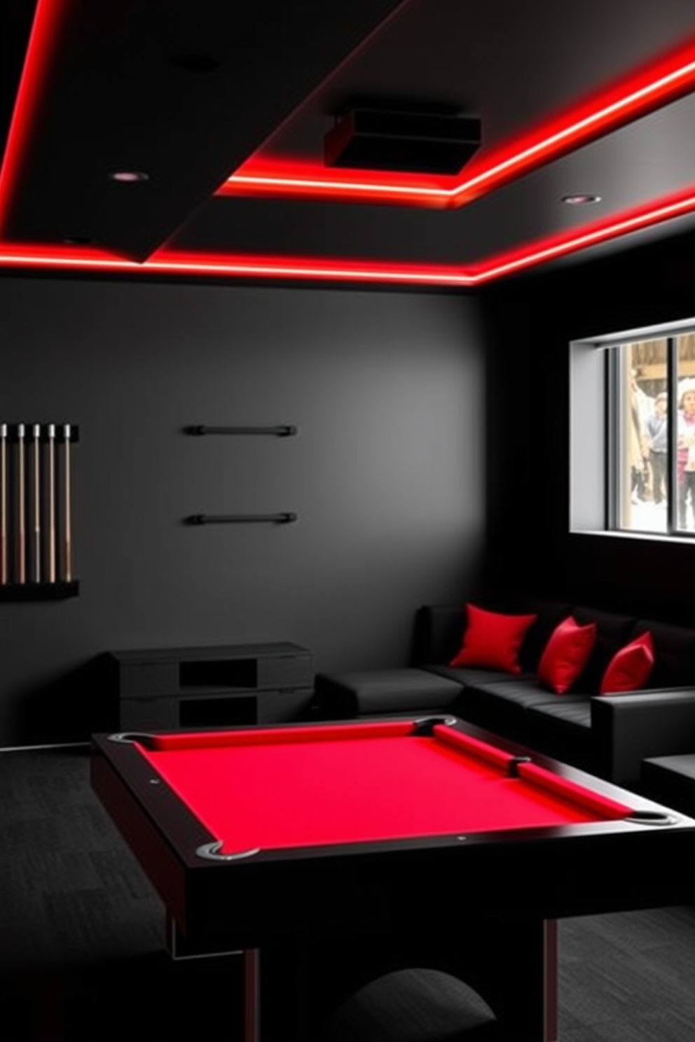 A stylish game room featuring a black carpet adorned with bold graphic patterns that create a dynamic atmosphere. The space includes a sleek pool table surrounded by modern seating, with vibrant artwork displayed on the walls to enhance the energetic vibe.