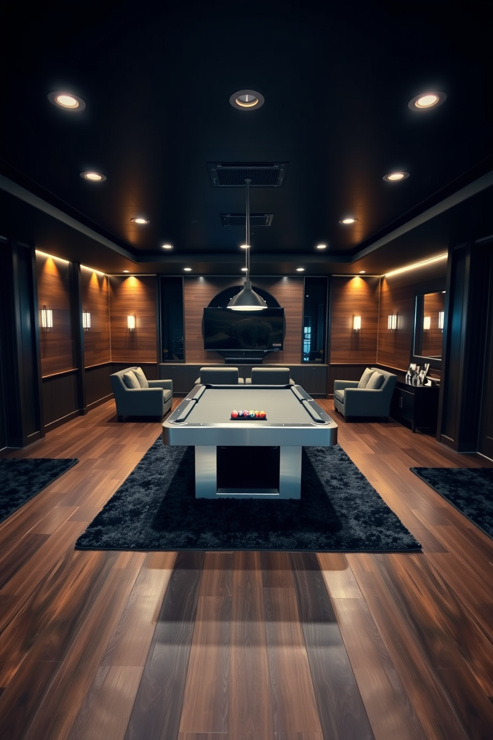 A stylish game room featuring dark wood flooring complemented by plush black rugs. The space is designed for entertainment, with a sleek pool table at the center and comfortable seating arranged around a large flat-screen TV.